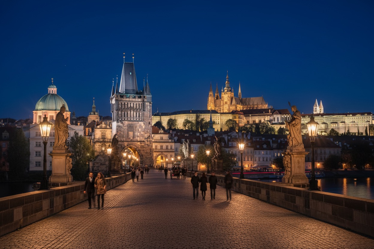 Create a realistic luxury travel photograph of Charles bridge in Prague at night, with accurate historical architecture, warm lights, elegant atmosphere, no fantasy elements, no mixed locations, no unrealistic buildings